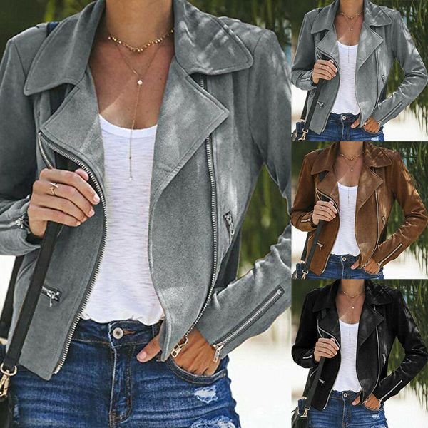 

women's ladies zip up casual suede leather jacket flight coat biker clothes t200111, Black;brown