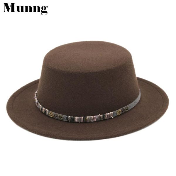

munng felt pork pie boater hat wide brim flat bowler cap toothed belt, Blue;gray
