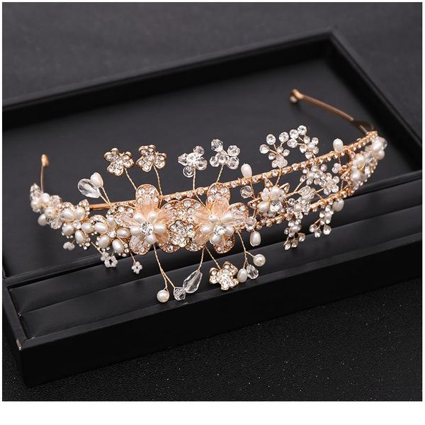 

модные свадебные головные уборы золотой цветок tiara rhinestone crystal pearl crown wedding tiara princess party backgroundband accesso wmtm, Slivery;golden