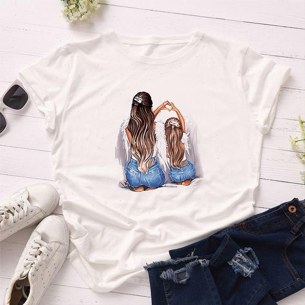 

2021 summer spring women short sleeve casual polyester t shirt tshirts mothers day gifts mama girl print cute kawaii top, White