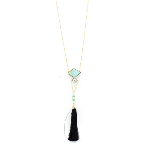 

light yellow gold color layer rhombus shape green turquosies stone pendant necklace with tassels jewelry, Silver