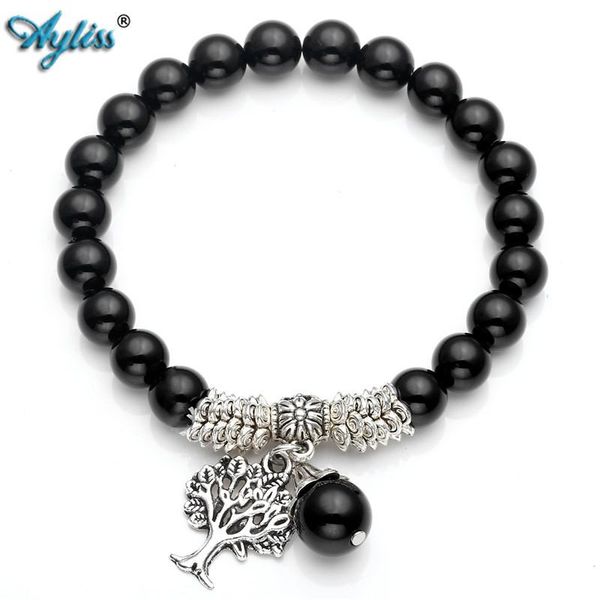

ayliss 1pc elastic mens womens colorful gem stone hollow tree of life bead dangle bracelet natural black stone 8-10mm bead