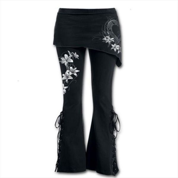 

women brand plus size 5xl trousers fashion flower printed bandage stretch large 4 5 flare pants cotton blends pants black, Black;white