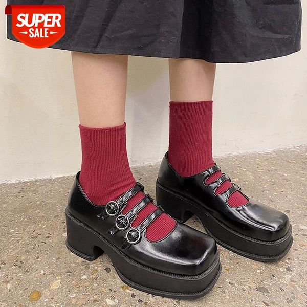 

lucyever 2021 double buckle mary janes shoes woman vintage square toe platform lolita goth japanese school shoes high heel pumps #jy8n, Black