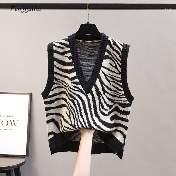 

vintage loose zebra stripes sweater vest for women autumn winter korean knitted vest sleeveless jecket chaleco mujer1, Black;white
