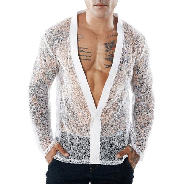 

men's casual shirts men transparent autumn mesh long sleeve shirt deep v blouse cardigan camisas hombre ocacional, White;black
