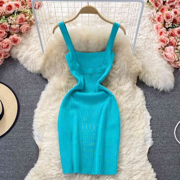 

kimutommo solid knitted dress women elegant square collar slim waist mini tank dresses ladies korean clothing knitwear, Black;gray