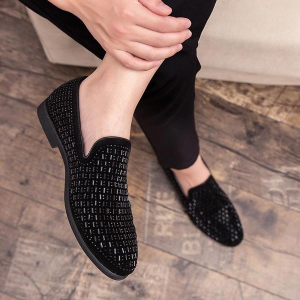 

polali brand black rhinestone men dress shoes velvet crystal luxury moccasins men's loafers office business man footwear zapatos