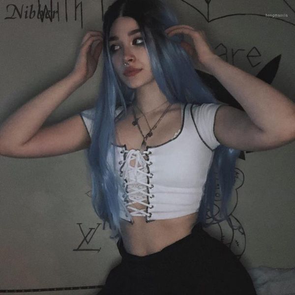 

nibber harajuku punk black hollow out lace up tees crop woman summer casual bodycon low chest party streetwear t-shirt1, White