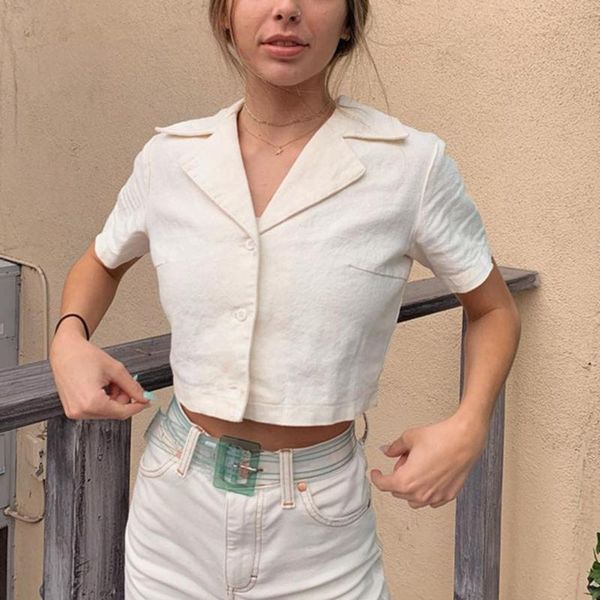 

women's blouses & shirts dossni crop cotton short sleeve button up shirt fashion white blouse casual ladies vintage clothes