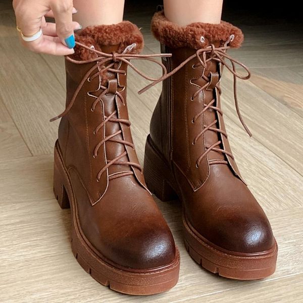 

women's genuine leather lace-up warm plush winter snow boots gradient color retro punk short motorcycle boots shoes women, Black