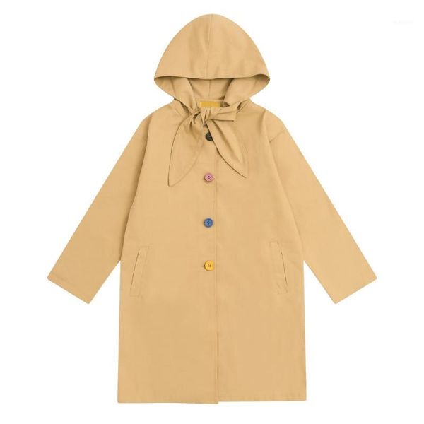 

2018 autumn winter design preppy style women long trench coat colorfull buttons femme casual long hooded outwear bow tie khaki1, Tan;black