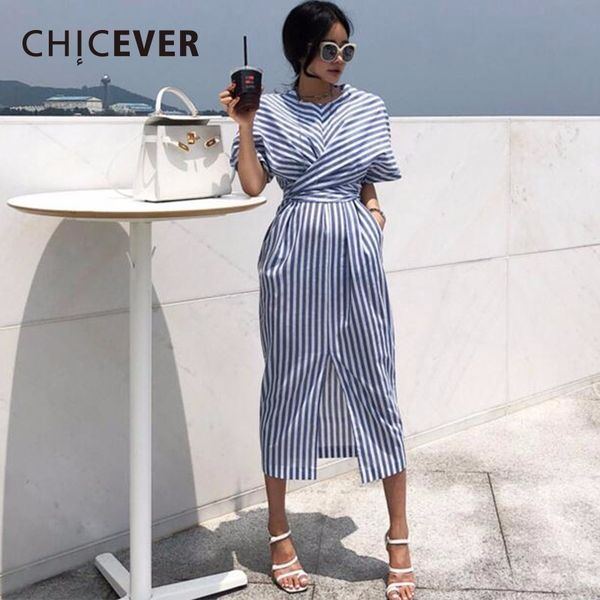 

chicever striped women's dresses o neck short sleeve waist cross lace up hem split summer long dress for women fashion tide new y200805, Black;pink