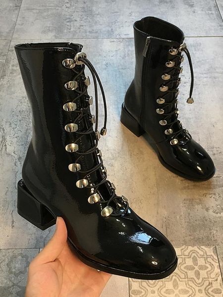 

boots women's shoes 2021 autumn lace with patent leather side zip fashion1, Black