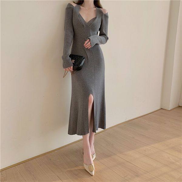 

2021 elegant mesh for the women fall long sleeve tight split midi new fashion halter dress z737, Black;gray