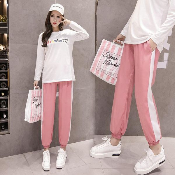 

maternity bottoms 166057# pants summer wide-legged casual loose block color comfy belly support elastic waist high waist1, White