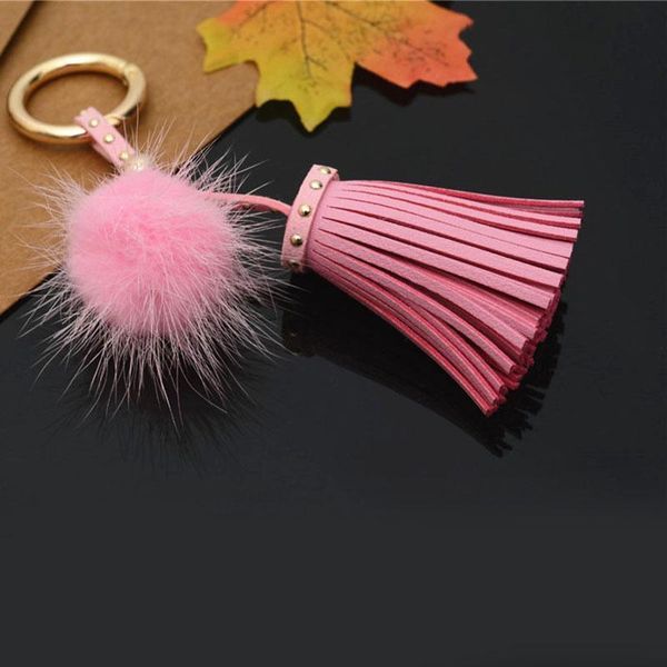 

leather tassels with mink fur ball key chain with one tassels for car keychain bag key ring jewelry eh812 h jllbgr, Silver