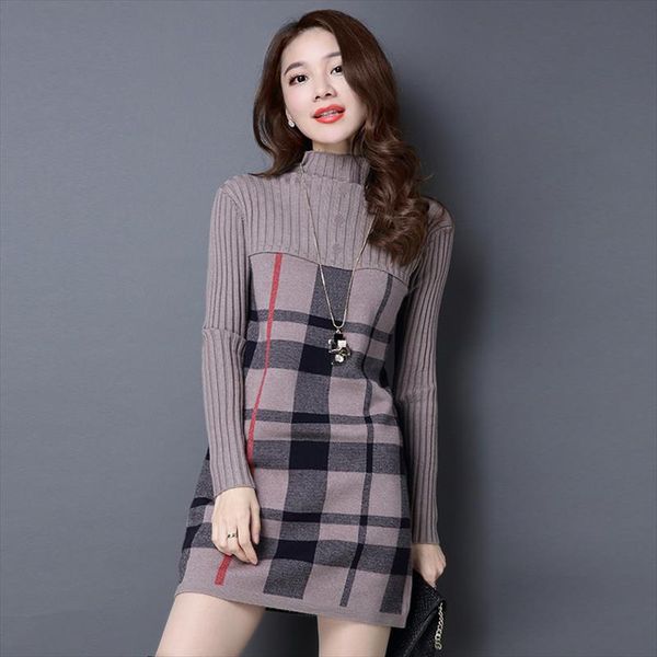 

2020 new women autumn winter dress turtleneck long sleeve plaid knitted sweater dress female loose sweaters pullovers 315, White;black