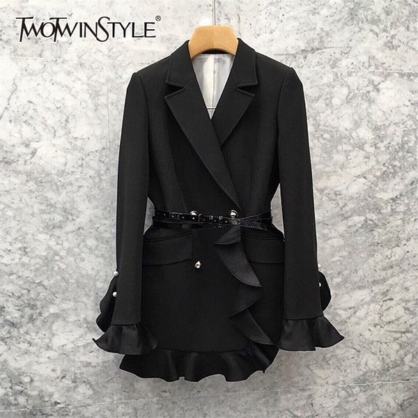 

twotwinstyle black patchwork ruffle womens suit notched long sleeve high waist with sashes blazer female 2020 autumn fashion new lj201214, White;black