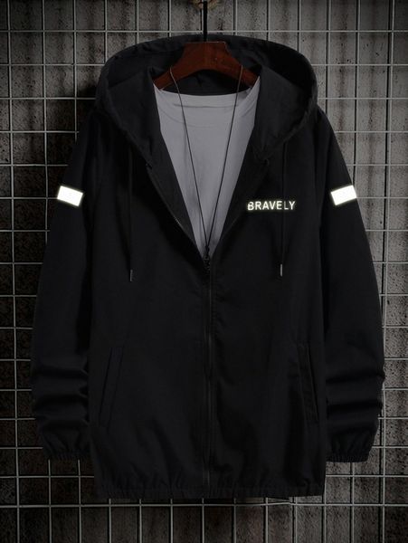 

men reflective letter graphic hooded jacket without tee j0ju#, Black;brown