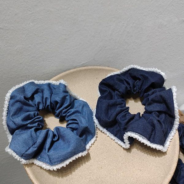 

new arrived women denim fabric korea style hair bands bead trim scrunchies girl's fashion accessories ponytail holder