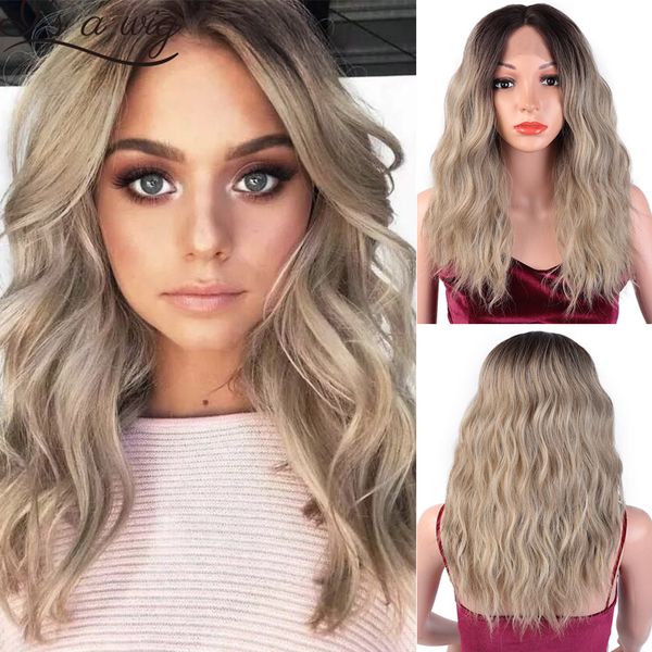

i's a wig short water wave lace front wigs ombre blonde synthetic lace wigs for women middle part nature daily trendy wigs, Black