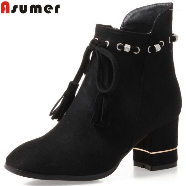 

asumer 2021 new arrive women boots black red yellow ladies boots flock square heel zipper ankle cross tied1