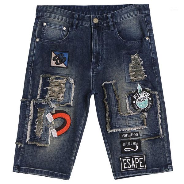 

new ripped denim pants men's male fashion patch motorcycle shorts trendy embroidered shorts slim-fit badge breeches for men1, Blue