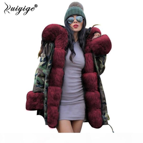 

ruiyige 2018 new women winter coat red fur hooded jeans jacket woman parkas winter long warm coats female parka plus size, Black