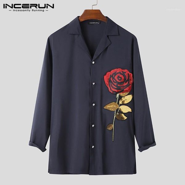 

man dress shirts leisure rose floral camisas hombre streetwear incerun men printed shirts fashion long sleeve lapel blusas s-5xl1, White;black