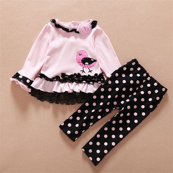 

spring fall baby girl clothing set bird embroidery long sleeve t shirt + dot pants toddler girl clothing 9-24 christmas suit 1021, White