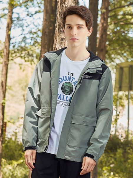 

men pocket patched slogan graphic colorblock hooded jacket n69p#, Black;brown