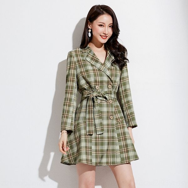 

mid long coat women's new dress dresscoat dressspring 2020 women's double breasted suit collar long sleeve plaid dress iikvu, Black;gray