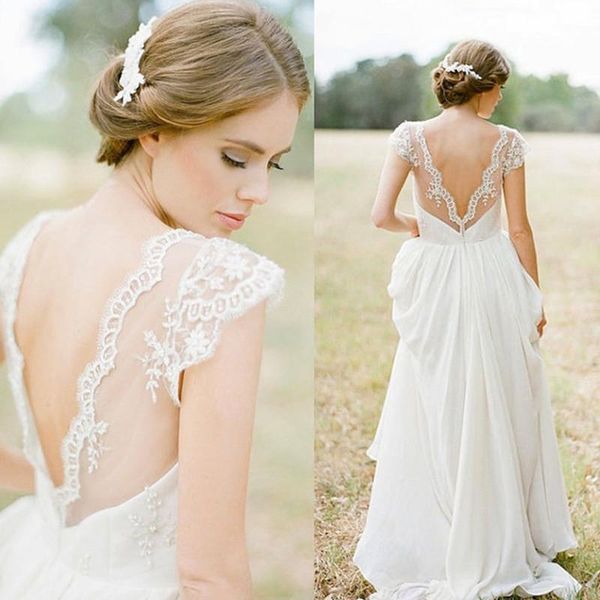 

open back bohemian wedding dresses 2021 designer backless a line lace chiffon australia country beach boho bridal gowns, White