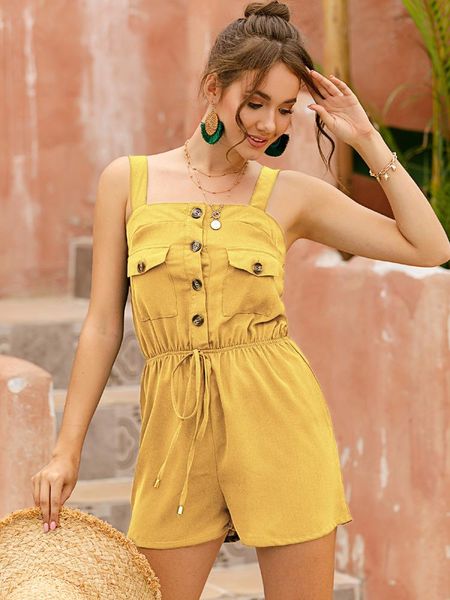 

women's jumpsuits & rompers women jumpsuit spaghetti straps back backless playsuit sleeveless button pocket loose ladies, Black;white