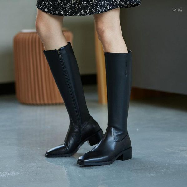 

elegant women knee high boots genuine leather side zipper shoes woman winter night club working 4cm heels boots1, Black