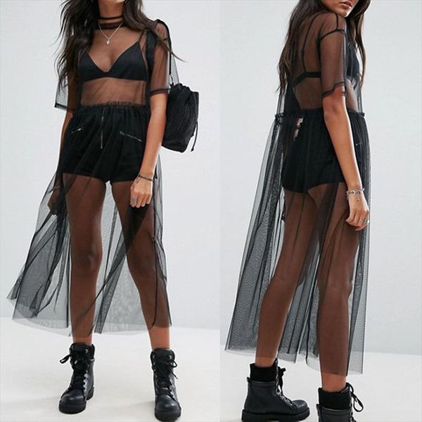 

2020 t shirt women black gauze mesh sheer long shirts casual loose t shirts transparent, White