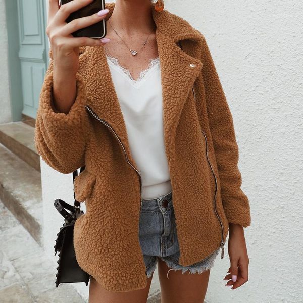 

women's fur & faux women winter warm notched collar button artificial coat outwear autumn jacket casual loose solid long teddy coat#g30, Black