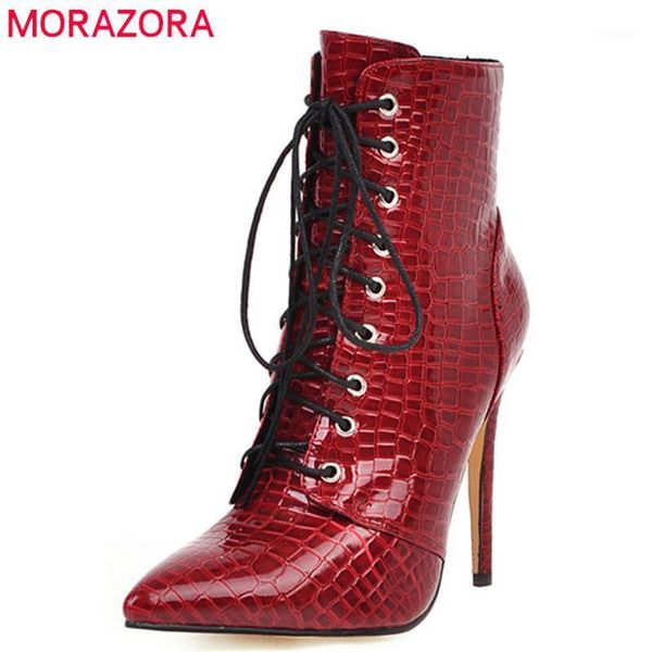 

boots morazora 2021 arrival women ankle lace up pointed toe thin high heels autumn winter party wedding shoes woman1, Black