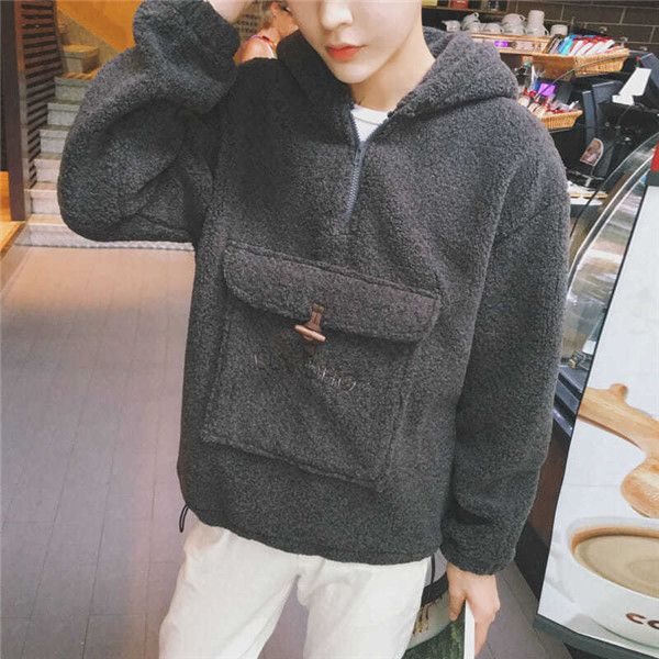 

add a cashmere sweater male chic lamb coat plush lamb clothing korean fashion hong kong style ins super web celebrity, Black