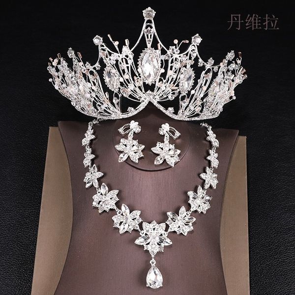 

three piece bridal headdress set female necklace wedding dress accessories super immortal grand forest baroque crown, Silver