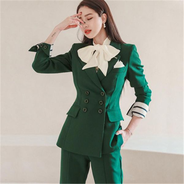 

runway new korean women's office uniform 2 piece set fashion double-breasted blazer suit coat and split long pants suits, White
