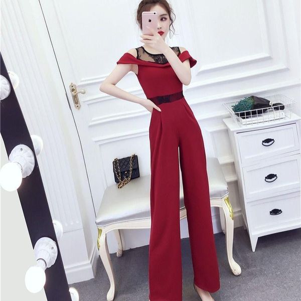 

2020 new summer women lace patchwork jumpsuits off shoulder overalls elegant wide leg romper slim fashion female playsuit s201, Black;white