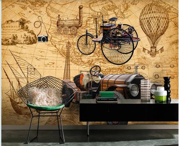

3d wallpaper custom p vintage map classic car bar coffee shop background home decor 3d wall murals wallpaper for walls 3 d living room