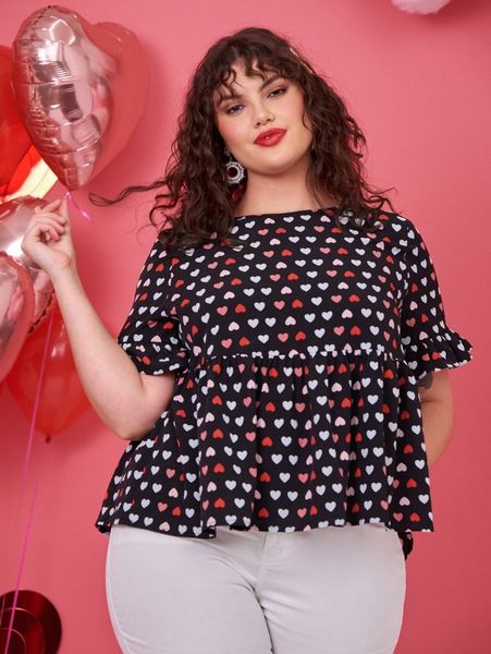 

plus allover heart print bell sleeve peplum k45r#, Black