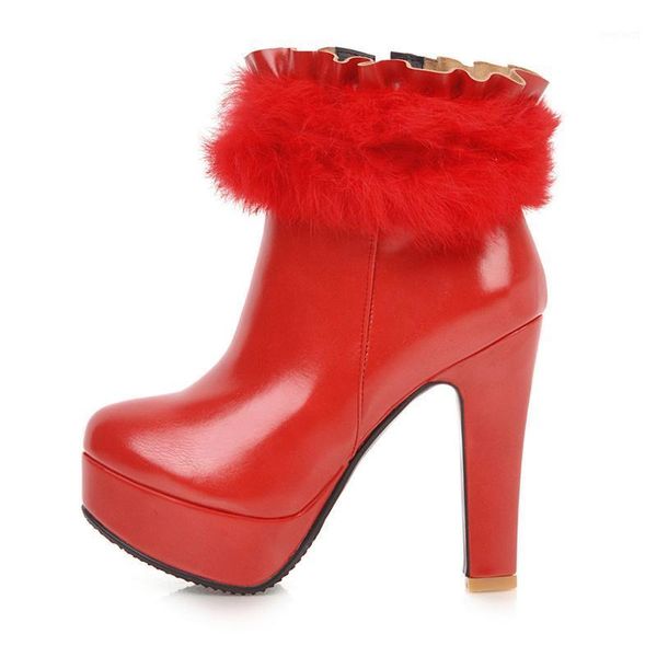 

2020 fur ankle boots for women high heels platform women's ankle boots red white snow winter shoes woman large size 481, Black