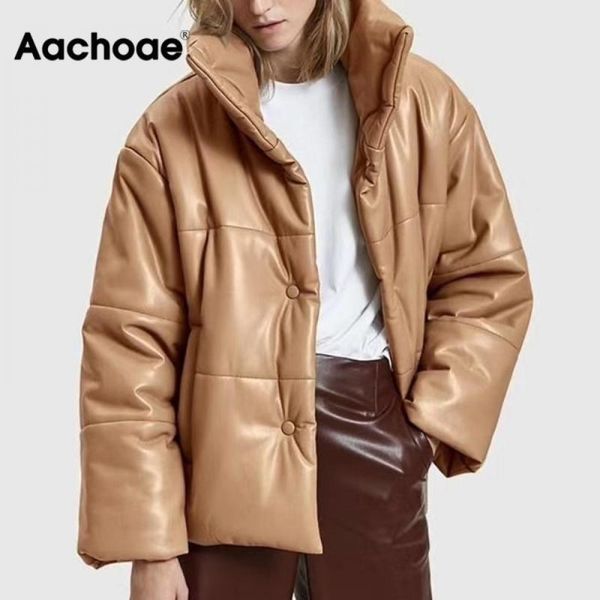 

women pu leather parkas fashion high street solid faxu leather coats elegant winter thick cotton jackets loose outerwear, Black