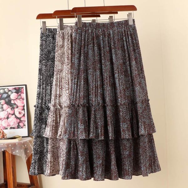 

sweet cakee floral long chiffon skirt a-line dots printed pleated mid-calf summer boho chiffon skirts1, Black