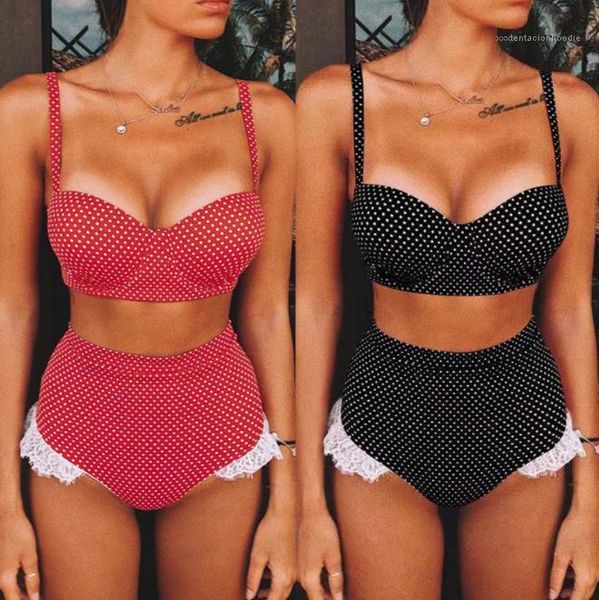 

new style women swimwear fashion polka dot printed spaghetti strap panelled lace two piece bikinis womens swimsuits, White;black
