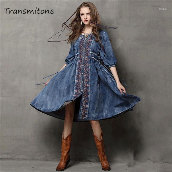

casual dresses women denim dress 2021 vintage 100% cotton half sleeve v-neck a-line all match drawstring loose vestidos1, Black;gray